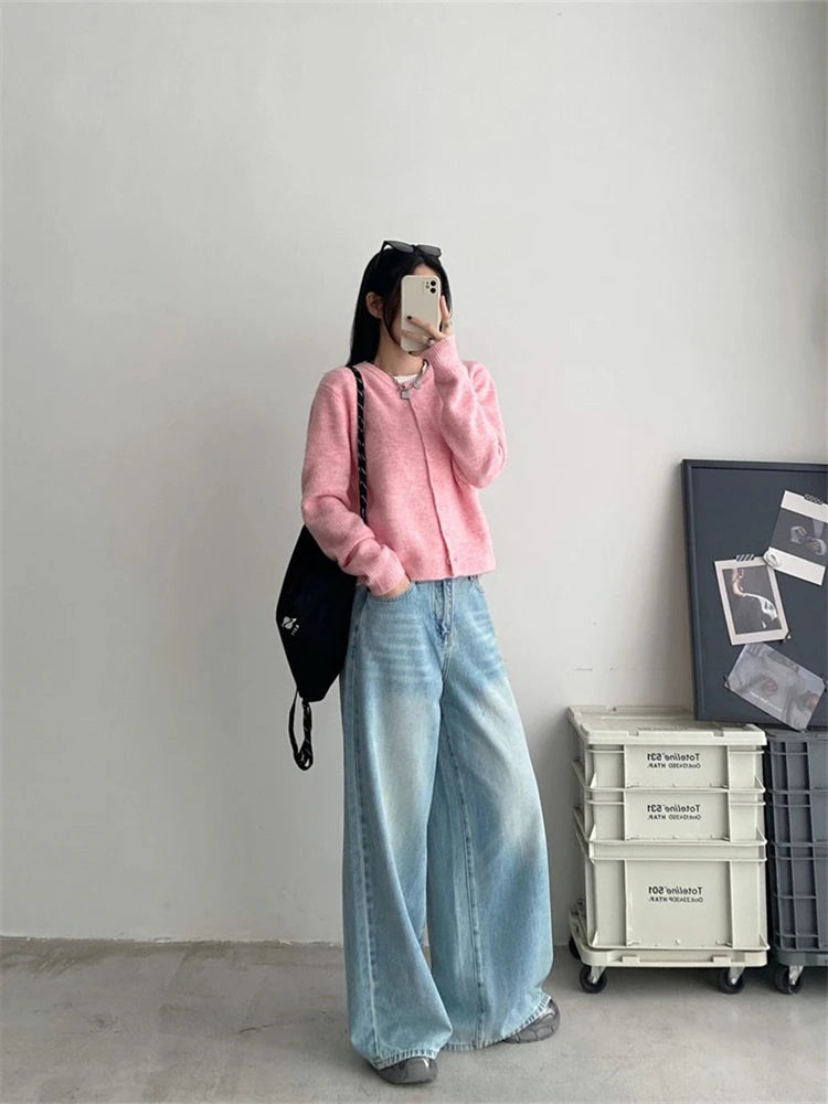 Polish White Scratch Pattern Light Blue Wide Leg Jeans
