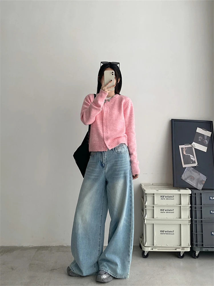 Polish White Scratch Pattern Light Blue Wide Leg Jeans