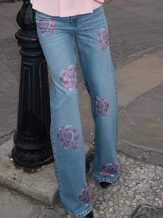 Retro Floral Rhinestone Denim Women's Pants