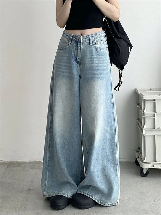 Polish White Scratch Pattern Light Blue Wide Leg Jeans