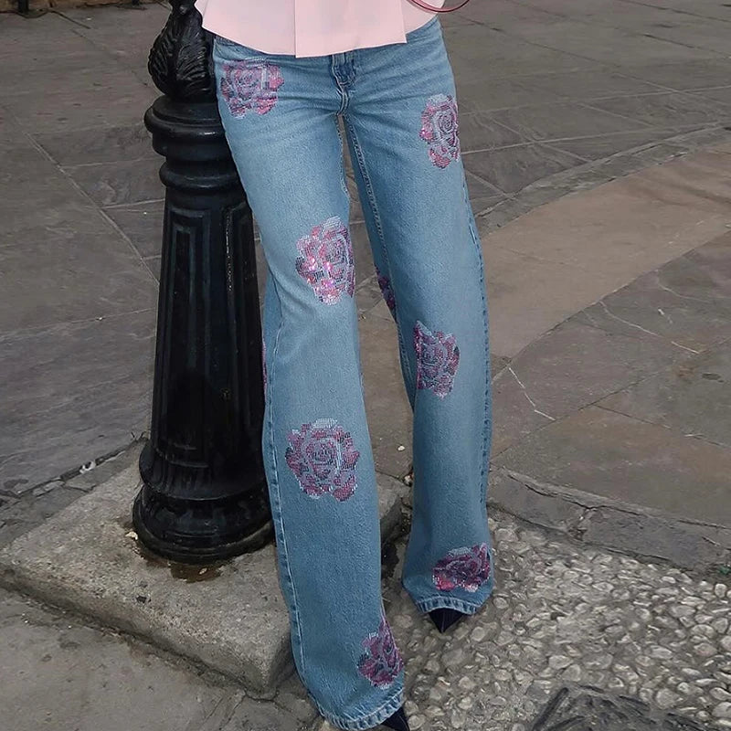 Retro Floral Rhinestone Denim Women's Pants